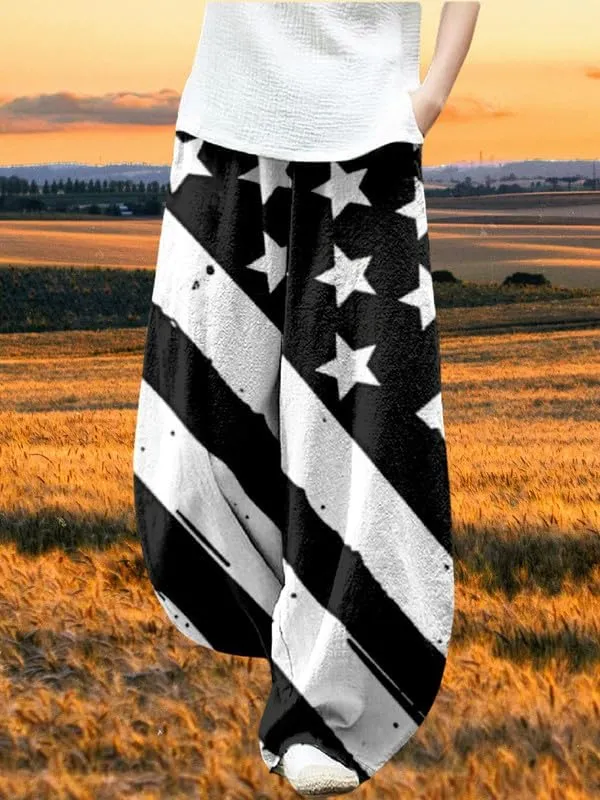 ZOCAVIA Womens Aztec Print Lantern Pants Western Causal Cotton Linen Wide Leg Pants Waist Elastic Hippie Trouser with Pockets