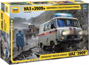 Zvezda 43002 500043002-1 500043002 – 1:43 UAZ 3909 Emergency Service – Plastic Construction Model Assembly Kit – for Beginners – Detailed, Unvarnished